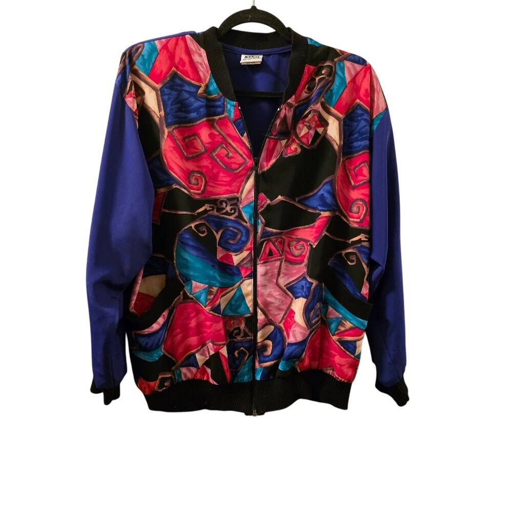 Vtg 80s Multicolored Art To Wear Jacket Womens M USA Artistic Geometric Zip Up
